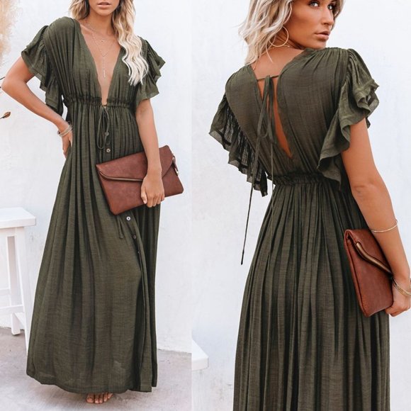 New Bohemian Long Olive Gauze Maxi Summer Dress - Picture 3 of 11
